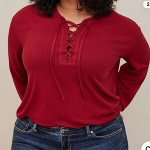 Torrid Texture Jersey Lace-Up Drop Shoulder Top Red
